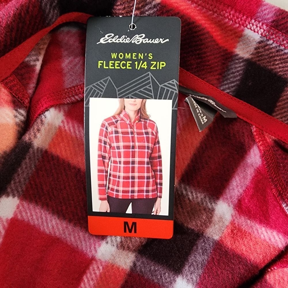 Eddie Bauer Women's Fleece 1/4 Zip Plaid Pullover Top Red Black M - Picture 5 of 6